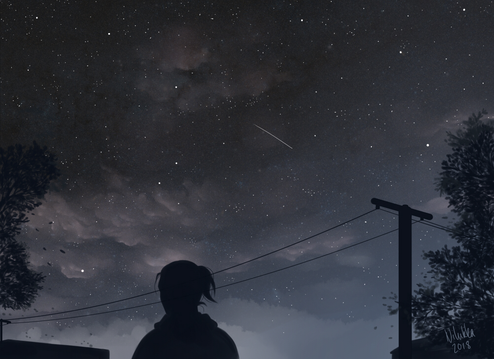 Digital painting of a dark night sky and a shooting star