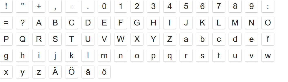 A list of letters ! " + , - . 0 1 2 3 4 5 6 7 8 9 : = ? A B C D E F G H I J K L M N O P Q R S T U V W X Y Z a b c d e f g h i j k l m n o p q r s t u v w x y z Ä Ö ä ö