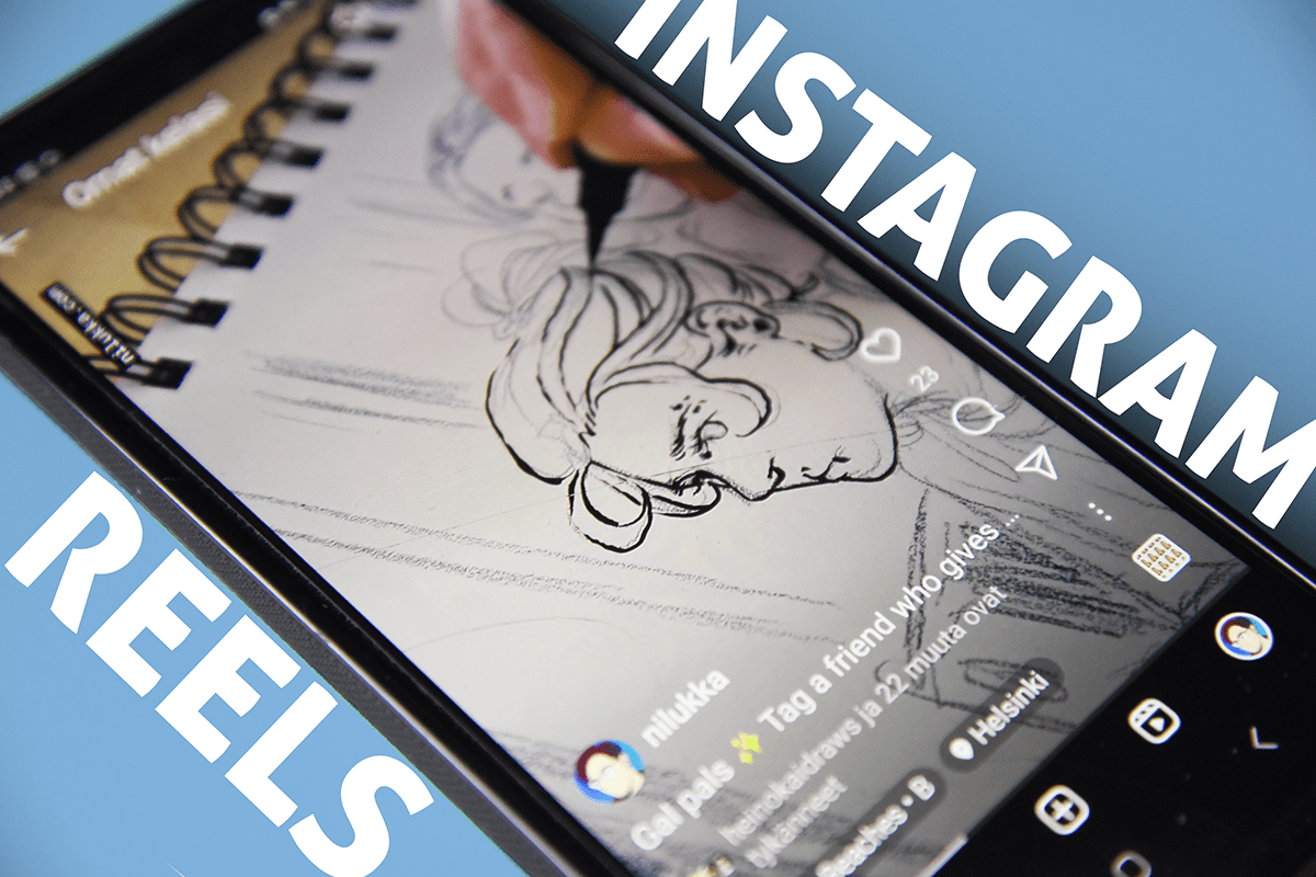 A photo of a smart phone screen that shows an Instagram Reel of Nilukka making art. Text overlay that reads "Instagram Reels".