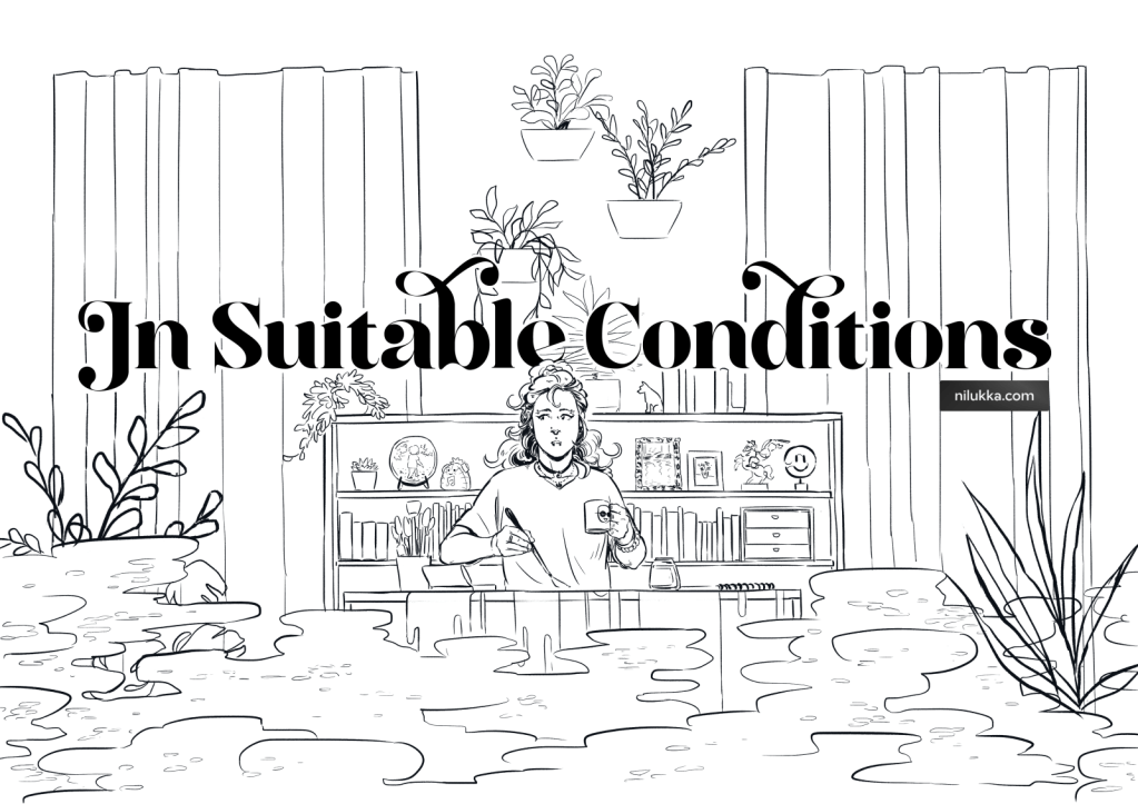 Black-and-white cover artwork for the webcomic In Suitable Conditions, with the protagonist Lissa centred and creating art.